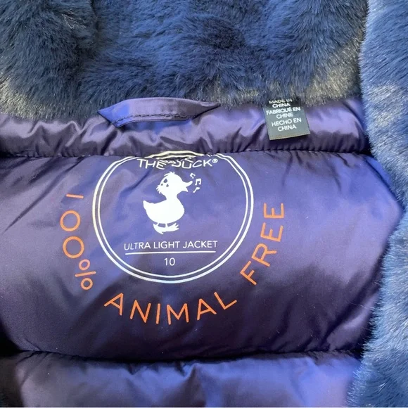 SAVE THE DUCK Down Puffer Teddy Fur Collar Blue Jacket Girls Size 10 - Picture 7 of 9